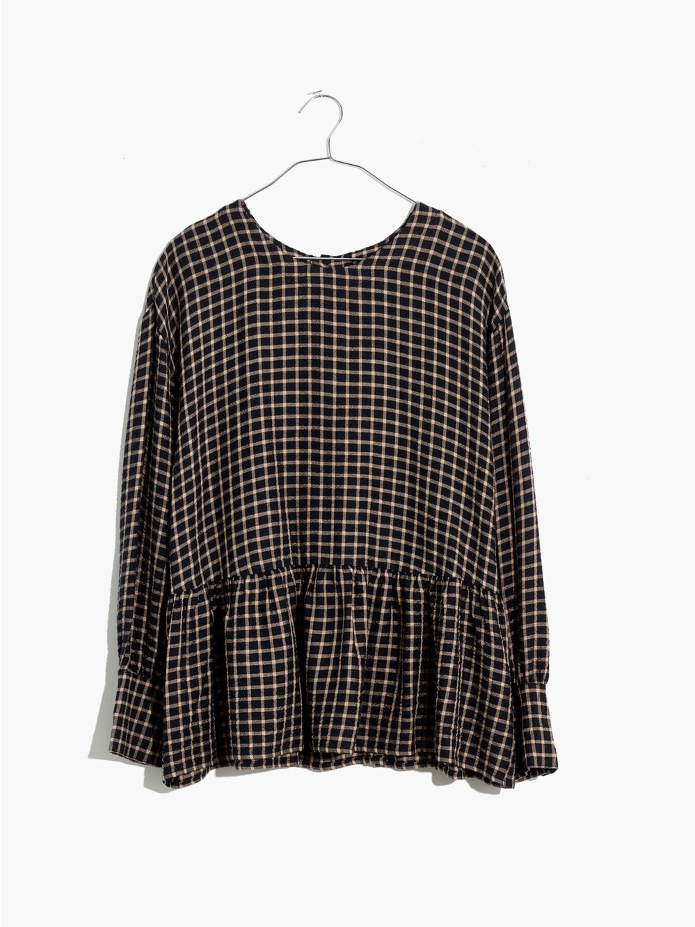 Madewell Button-Back Peplum Top in Mini Windowpane
